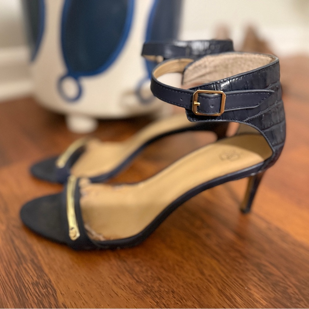 Ann Taylor Navy Ankle Strap Leather Heels with gold hardware